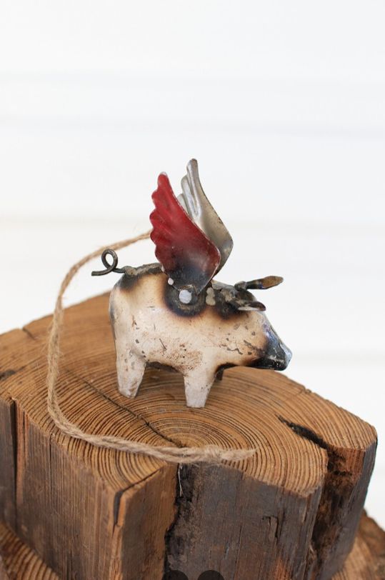 Recycled Iron Flying Pig Christmas Ornament