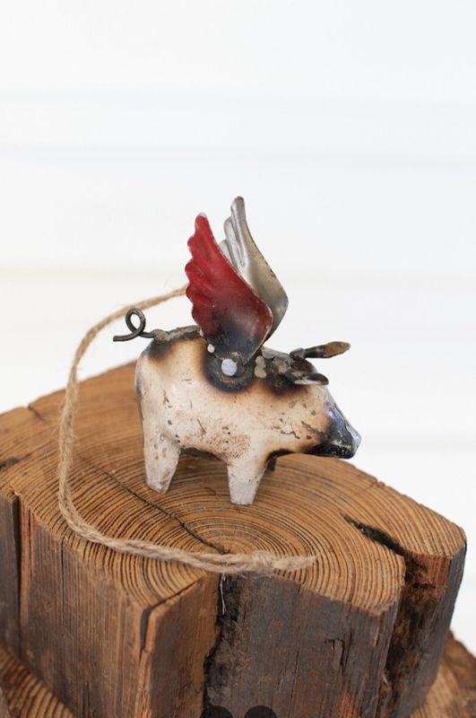 Recycled Iron Flying Pig Christmas Ornament