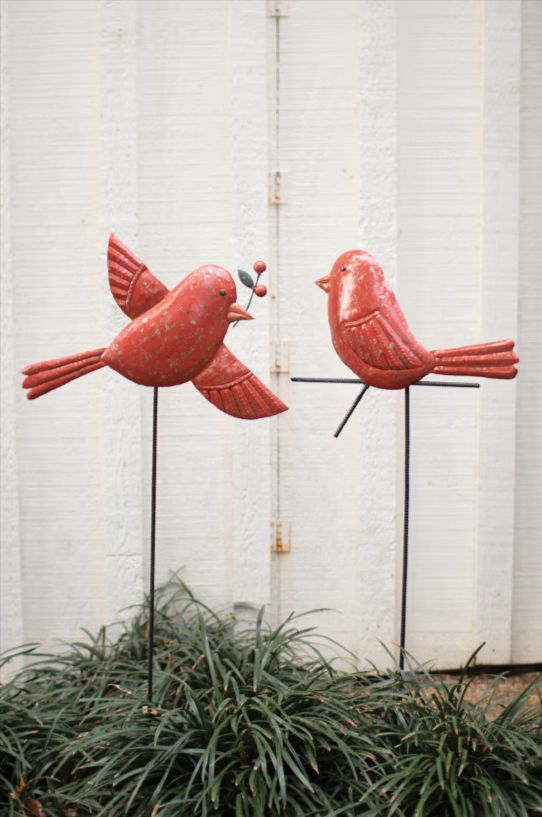 Hand-Hammered Red Bird Yard Stakes