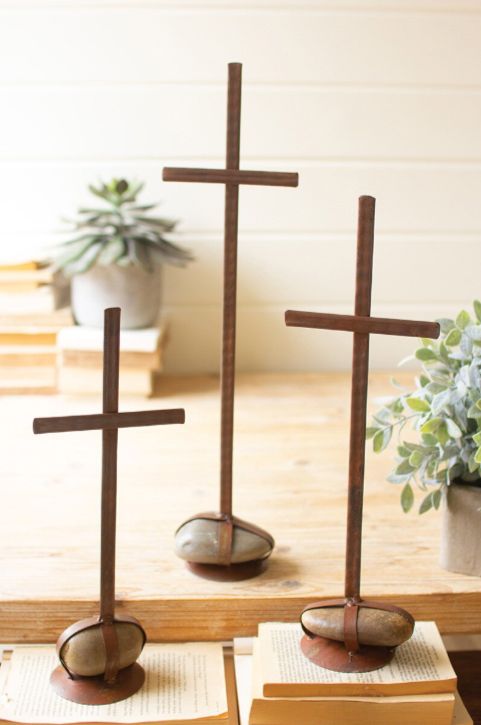 Scrap Metal Crosses with Caged Rock Bases