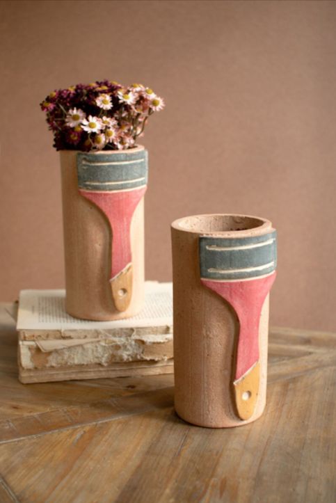 Painted Clay Paint Brush Vase