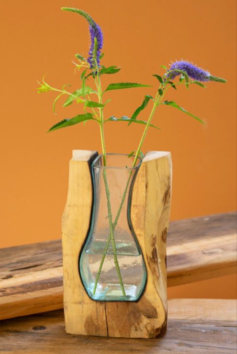Blown Glass Vase inside of Teak Wood \ Small