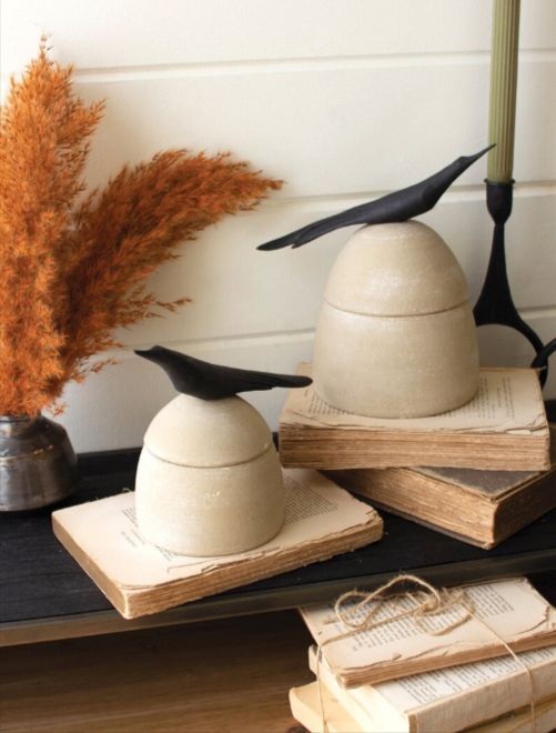 Clay Canisters with Wooden Bird Handles