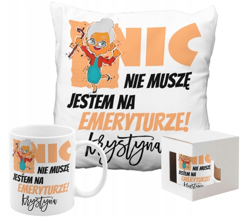PREZENT DLA EMERYTKI KUBEK Z PODUSZKĄ EMERYTKA EMERYTURA Z IMIENIEM