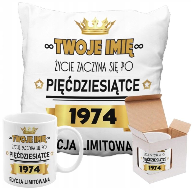 EDYCJA LIMITOWANA ZESTAW KUBEK PODUSZKA PREZENT Z IMIENIEM NA 20 30 40 50 60 70 80 KAŻDE URODZINY