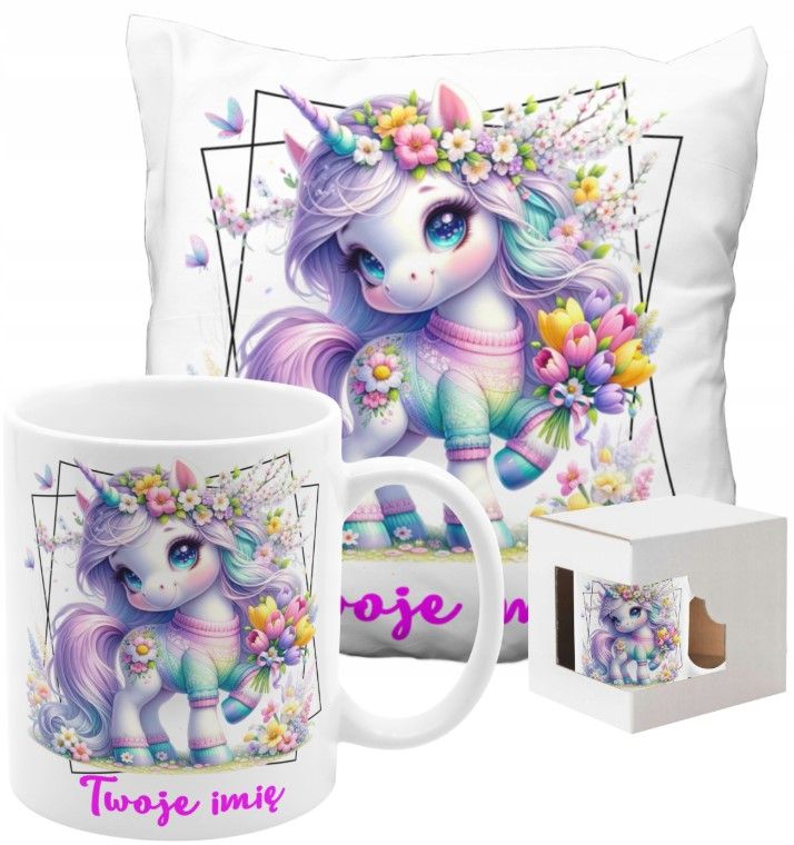 ZESTAW NA PREZENT Z IMIENIEM KUBEK PODUSZKA UNICORN JEDNOROŻEC KUCYK PONY