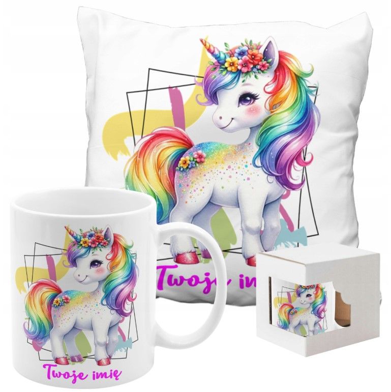 ZESTAW NA PREZENT Z IMIENIEM KUBEK PODUSZKA UNICORN JEDNOROŻEC KUCYK PONY