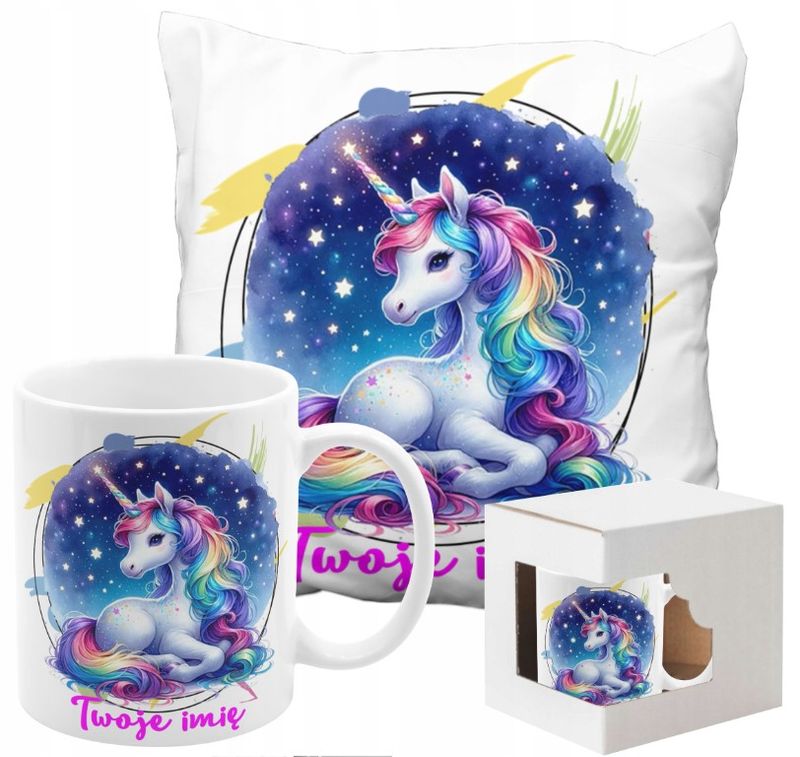 ZESTAW NA PREZENT Z IMIENIEM KUBEK PODUSZKA UNICORN JEDNOROŻEC KUCYK PONY