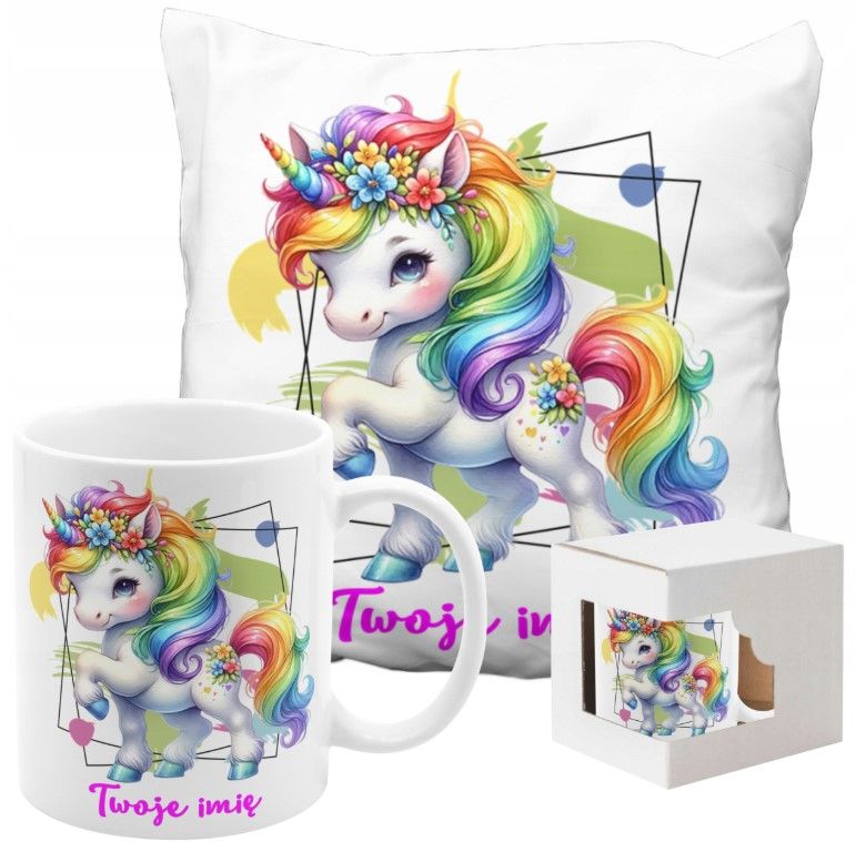 ZESTAW NA PREZENT Z IMIENIEM KUBEK PODUSZKA UNICORN JEDNOROŻEC KUCYK PONY