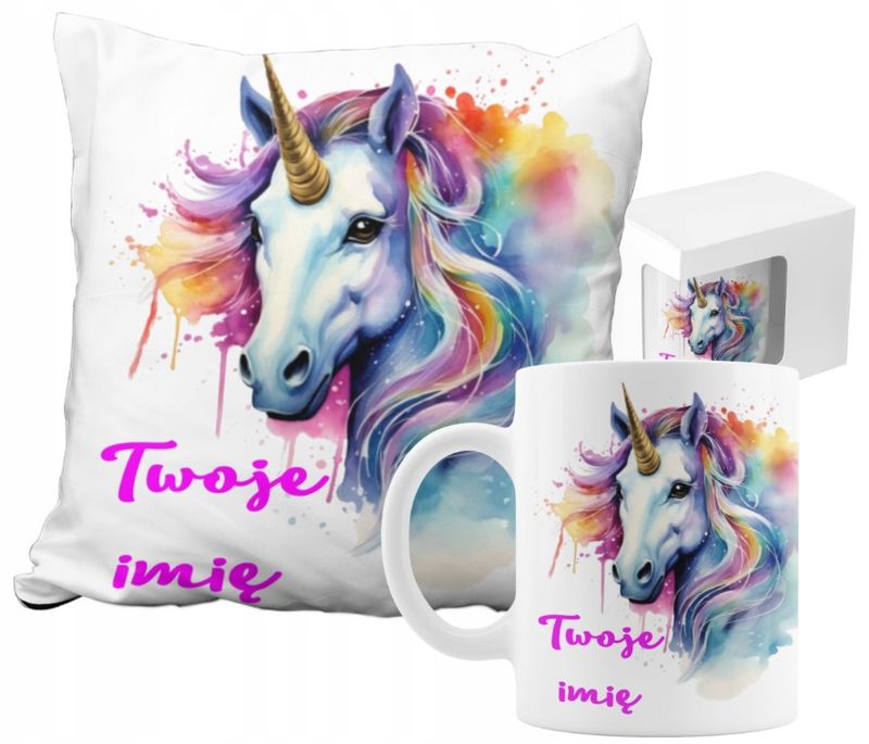 ZESTAW NA PREZENT Z IMIENIEM KUBEK PODUSZKA UNICORN JEDNOROŻEC KUCYK PONY