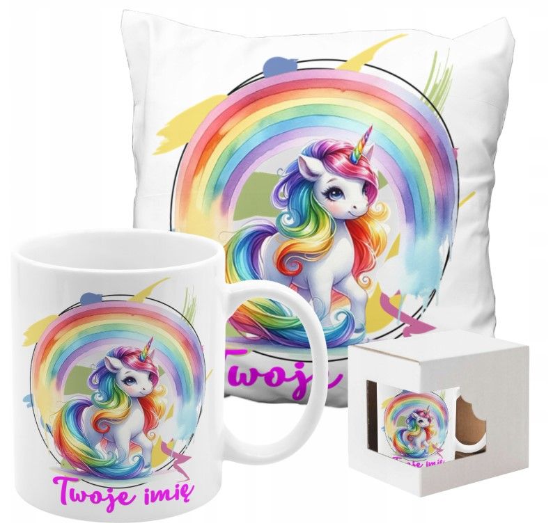 ZESTAW NA PREZENT Z IMIENIEM KUBEK PODUSZKA UNICORN JEDNOROŻEC KUCYK PONY