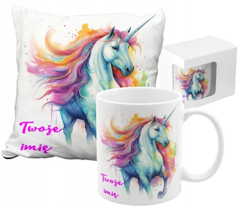 ZESTAW NA PREZENT Z IMIENIEM KUBEK PODUSZKA UNICORN JEDNOROŻEC KUCYK PONY
