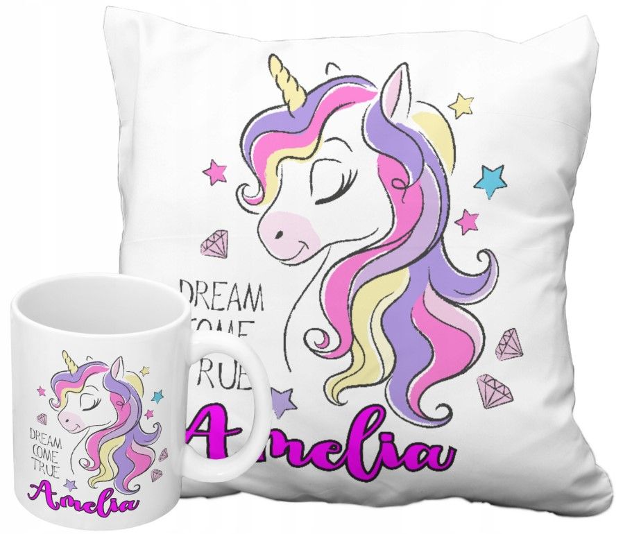 ZESTAW NA PREZENT Z IMIENIEM KUBEK PODUSZKA UNICORN JEDNOROŻEC KUCYK PONY