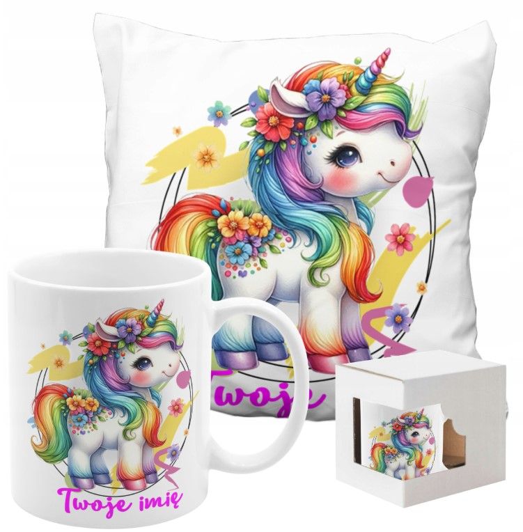 ZESTAW NA PREZENT Z IMIENIEM KUBEK PODUSZKA UNICORN JEDNOROŻEC KUCYK PONY