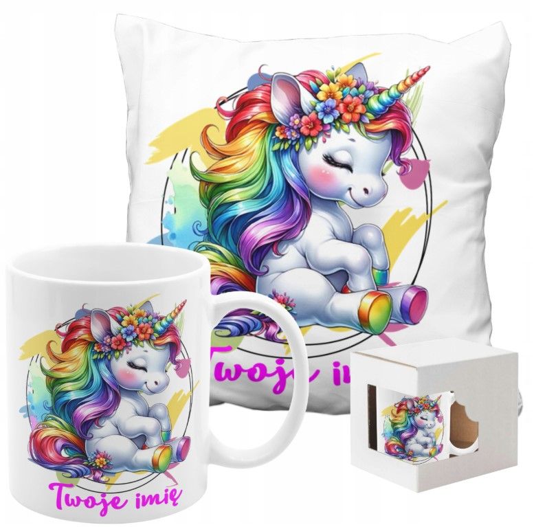 ZESTAW NA PREZENT Z IMIENIEM KUBEK PODUSZKA UNICORN JEDNOROŻEC KUCYK PONY