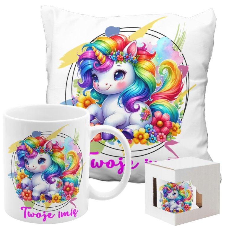 ZESTAW NA PREZENT Z IMIENIEM KUBEK PODUSZKA UNICORN JEDNOROŻEC KUCYK PONY