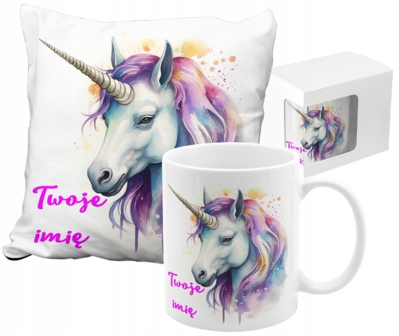 ZESTAW NA PREZENT Z IMIENIEM KUBEK PODUSZKA UNICORN JEDNOROŻEC KUCYK PONY