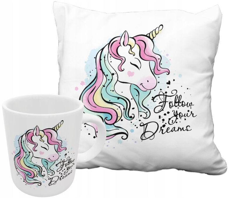 ZESTAW NA PREZENT Z IMIENIEM KUBEK PODUSZKA UNICORN JEDNOROŻEC KUCYK PONY