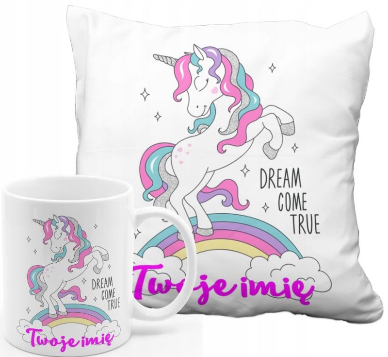 ZESTAW NA PREZENT Z IMIENIEM KUBEK PODUSZKA UNICORN JEDNOROŻEC KUCYK PONY