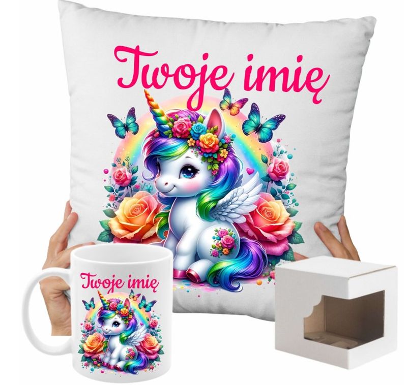 ZESTAW NA PREZENT Z IMIENIEM KUBEK PODUSZKA UNICORN JEDNOROŻEC KUCYK PONY