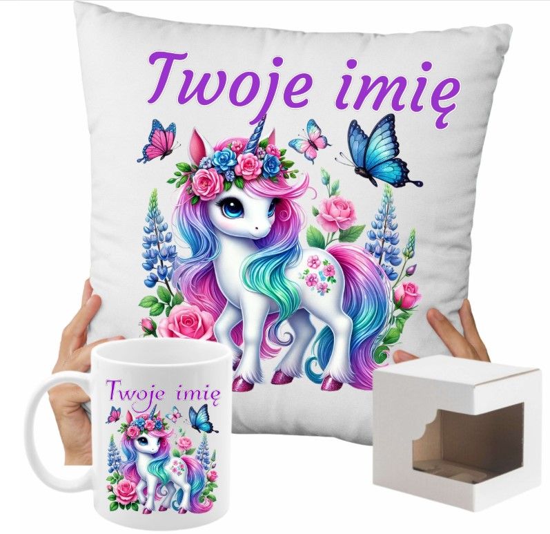 ZESTAW NA PREZENT Z IMIENIEM KUBEK PODUSZKA UNICORN JEDNOROŻEC KUCYK PONY