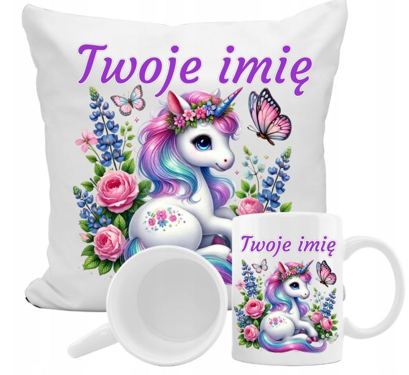 ZESTAW NA PREZENT Z IMIENIEM KUBEK PODUSZKA UNICORN JEDNOROŻEC KUCYK PONY