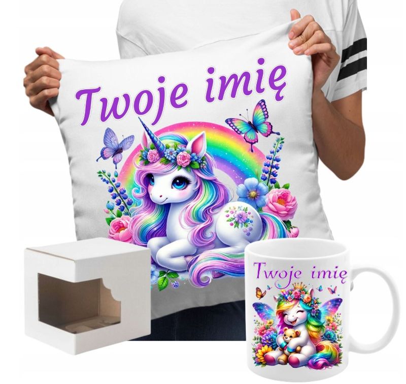 ZESTAW NA PREZENT Z IMIENIEM KUBEK PODUSZKA UNICORN JEDNOROŻEC KUCYK PONY
