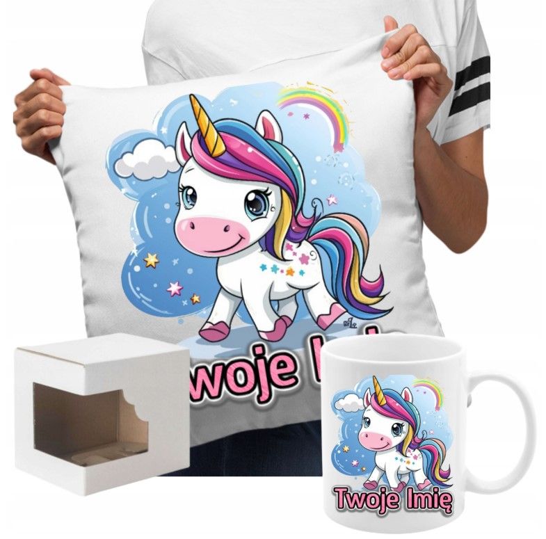 ZESTAW NA PREZENT Z IMIENIEM KUBEK PODUSZKA UNICORN JEDNOROŻEC KUCYK PONY