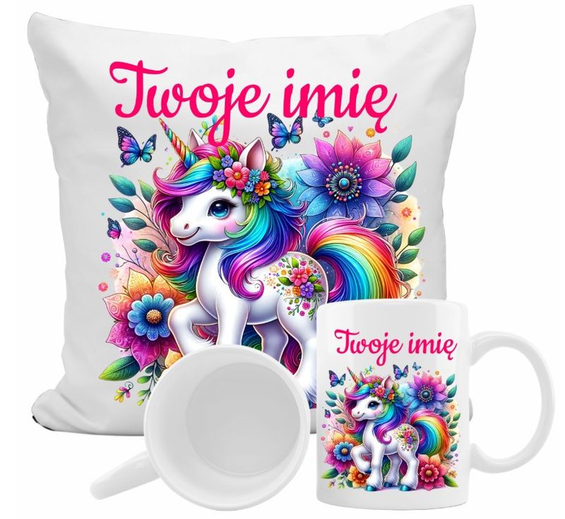 ZESTAW NA PREZENT Z IMIENIEM KUBEK PODUSZKA UNICORN JEDNOROŻEC KUCYK PONY