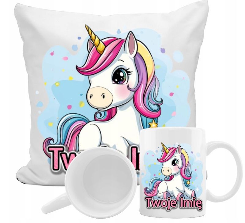 ZESTAW NA PREZENT Z IMIENIEM KUBEK PODUSZKA UNICORN JEDNOROŻEC KUCYK PONY