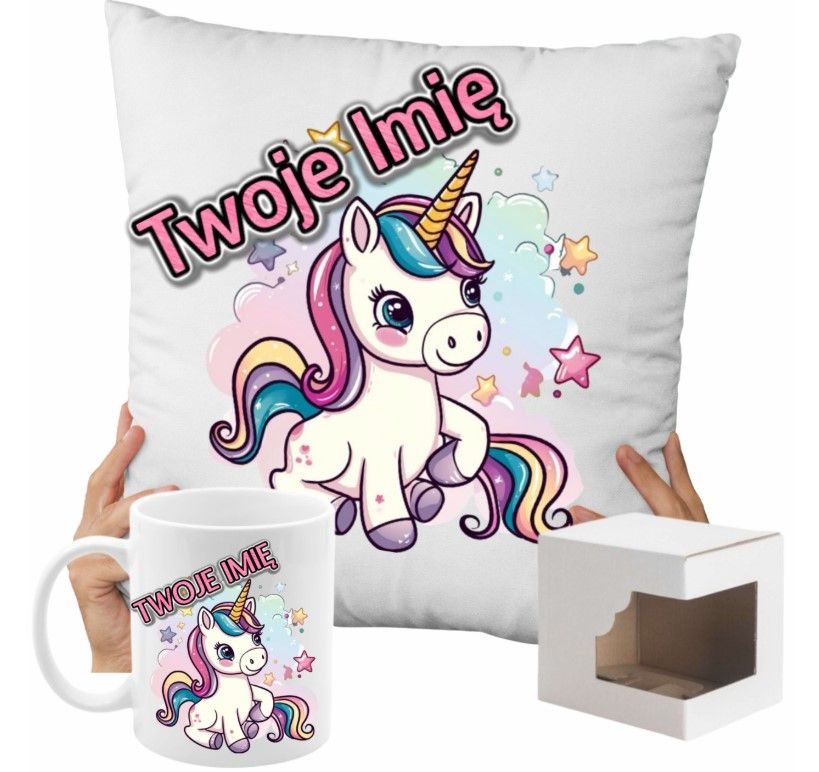 ZESTAW NA PREZENT Z IMIENIEM KUBEK PODUSZKA UNICORN JEDNOROŻEC KUCYK PONY