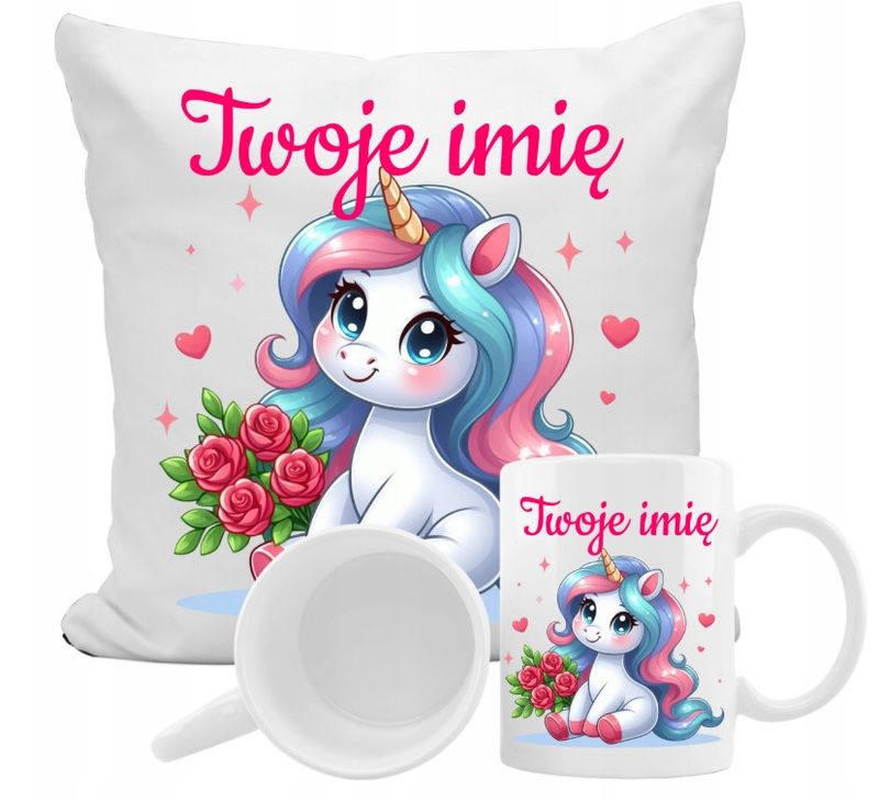 ZESTAW NA PREZENT Z IMIENIEM KUBEK PODUSZKA UNICORN JEDNOROŻEC KUCYK PONY