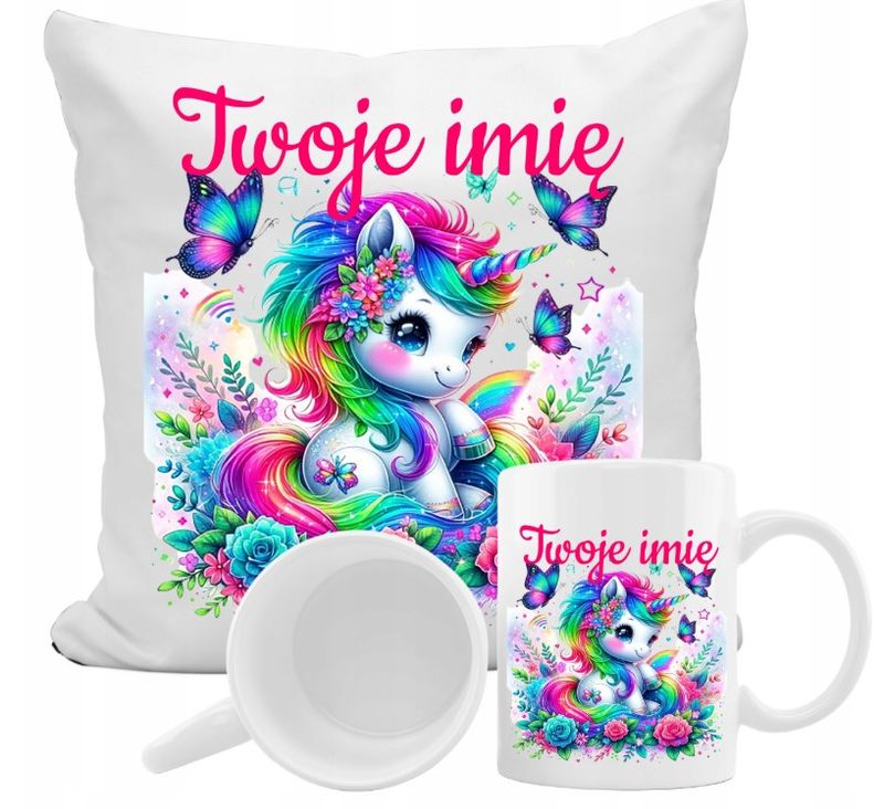 ZESTAW NA PREZENT Z IMIENIEM KUBEK PODUSZKA UNICORN JEDNOROŻEC KUCYK PONY