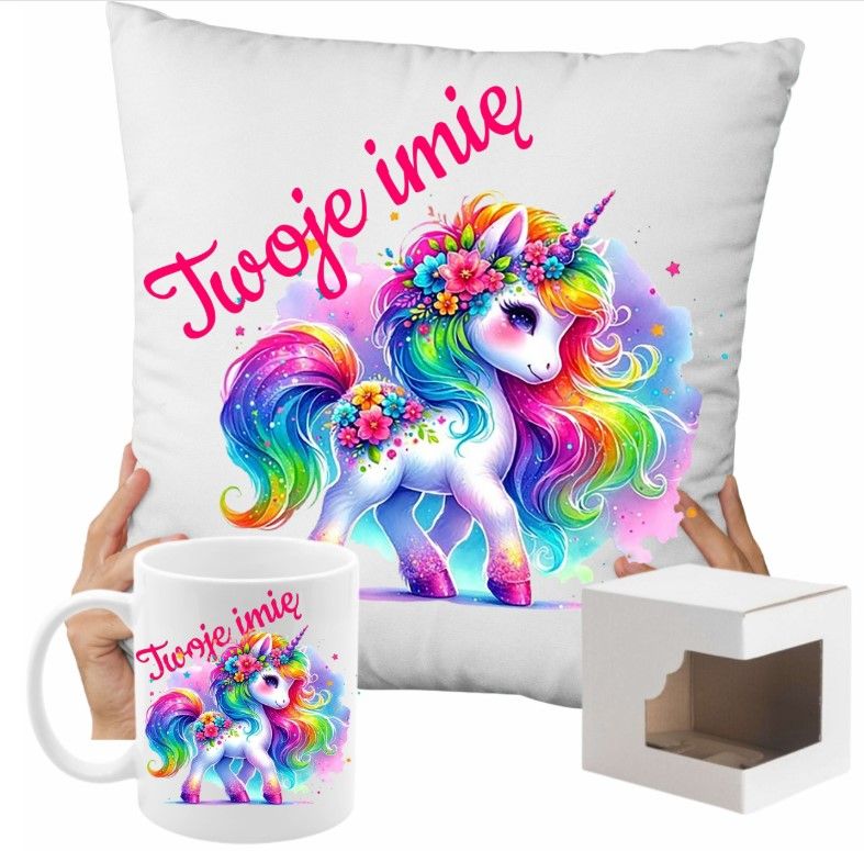 ZESTAW NA PREZENT Z IMIENIEM KUBEK PODUSZKA UNICORN JEDNOROŻEC KUCYK PONY