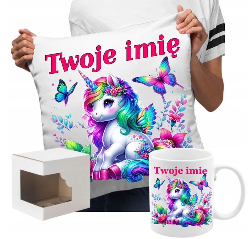 ZESTAW NA PREZENT Z IMIENIEM KUBEK PODUSZKA UNICORN JEDNOROŻEC KUCYK PONY
