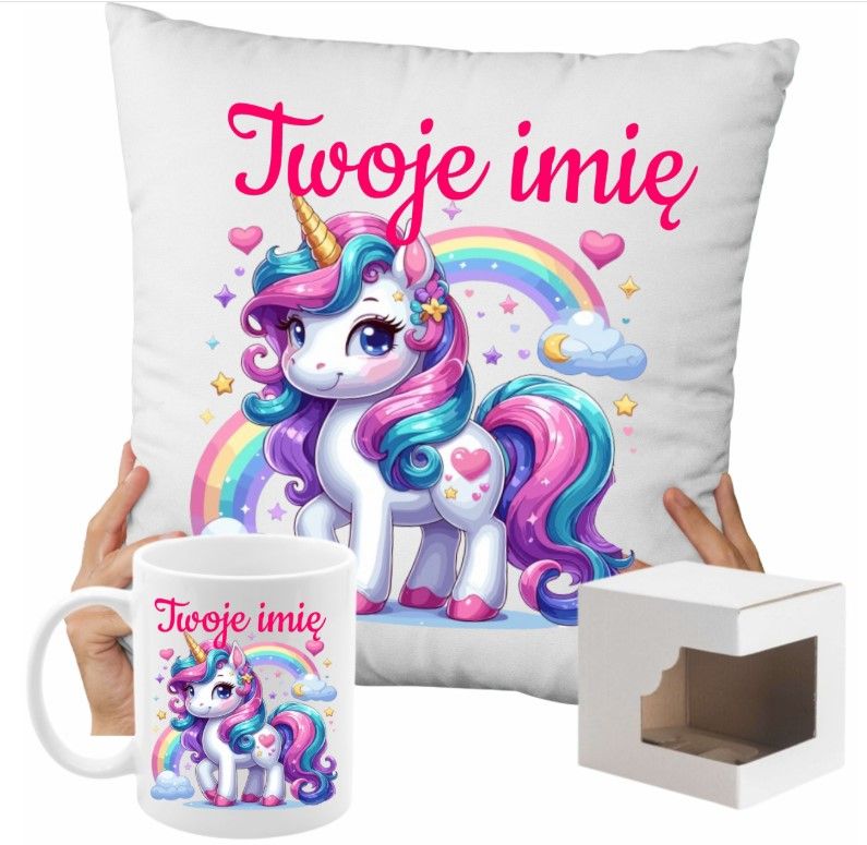 ZESTAW NA PREZENT Z IMIENIEM KUBEK PODUSZKA UNICORN JEDNOROŻEC KUCYK PONY