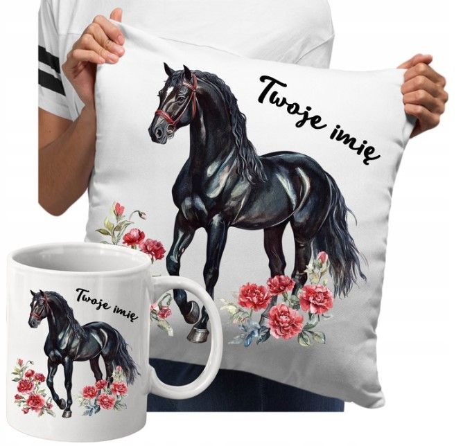 Zestaw Kubek Poduszka z pięknym koniem z motywami kwiatowymi Koń Konie Stadnina Jazda Konna