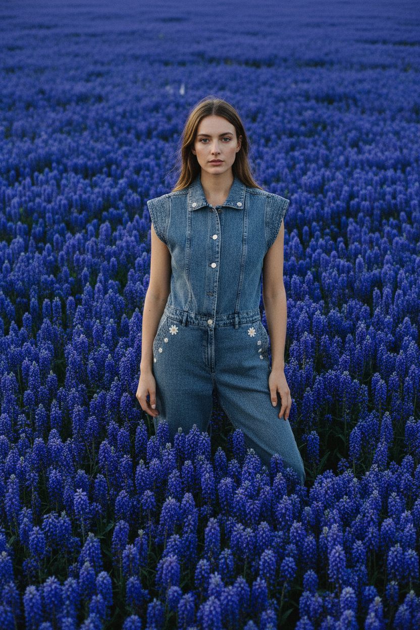 Combinaison sans manches en denim brodée