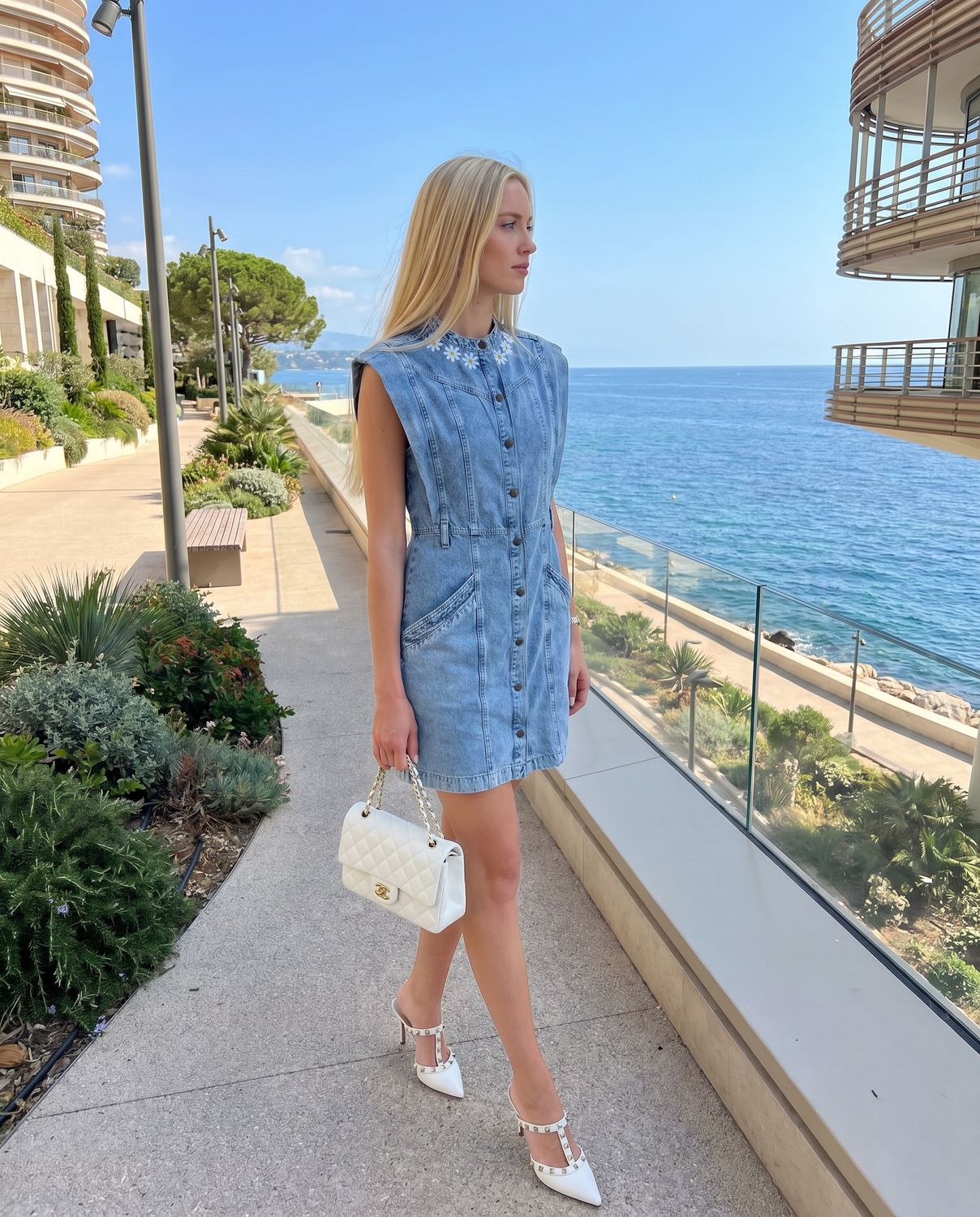 Robe sans manches brodée en denim upcyclé