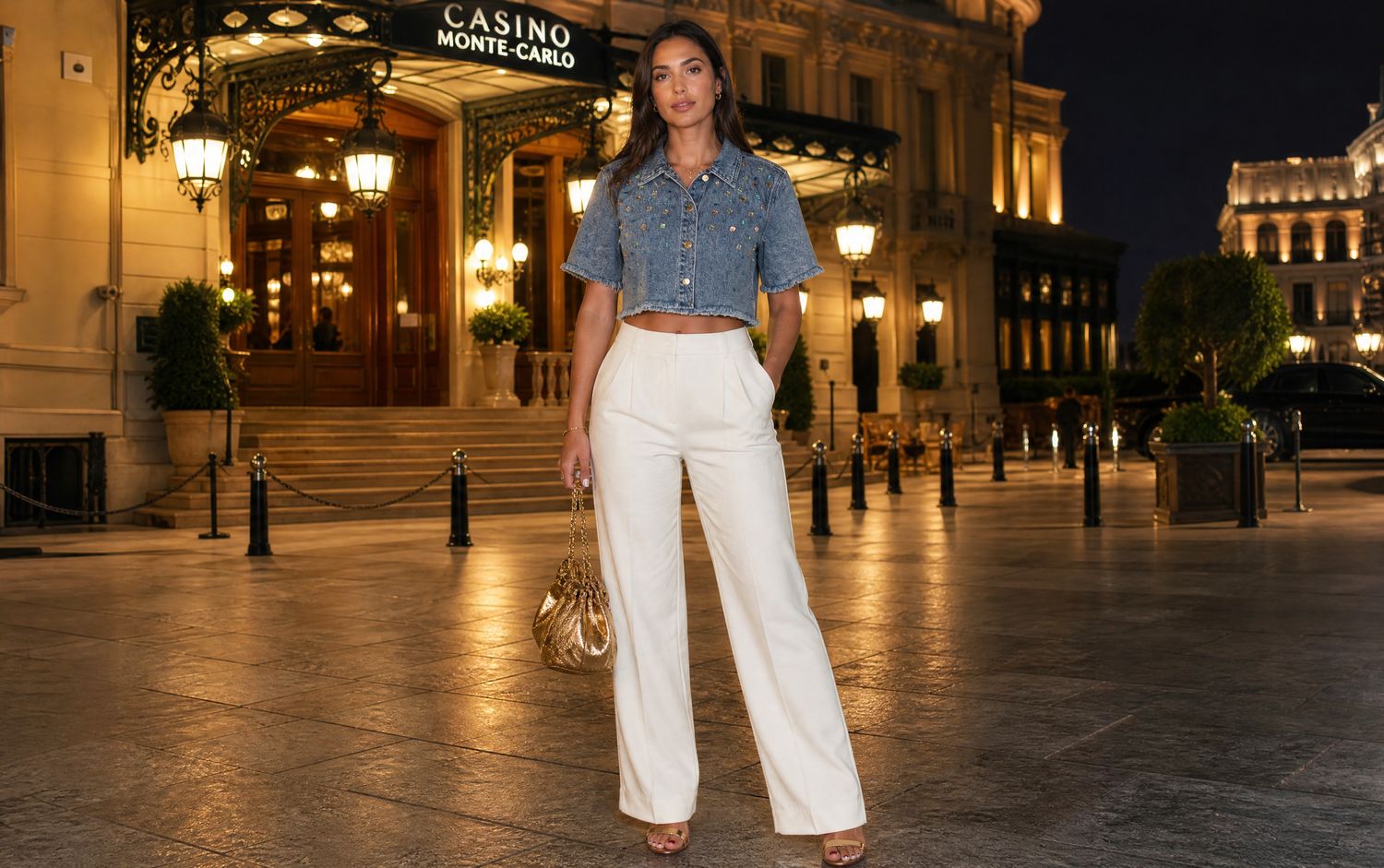 Veste chemise crop en denim à strass