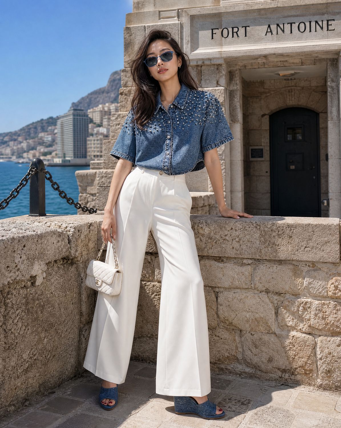 Veste chemise crop en denim à strass