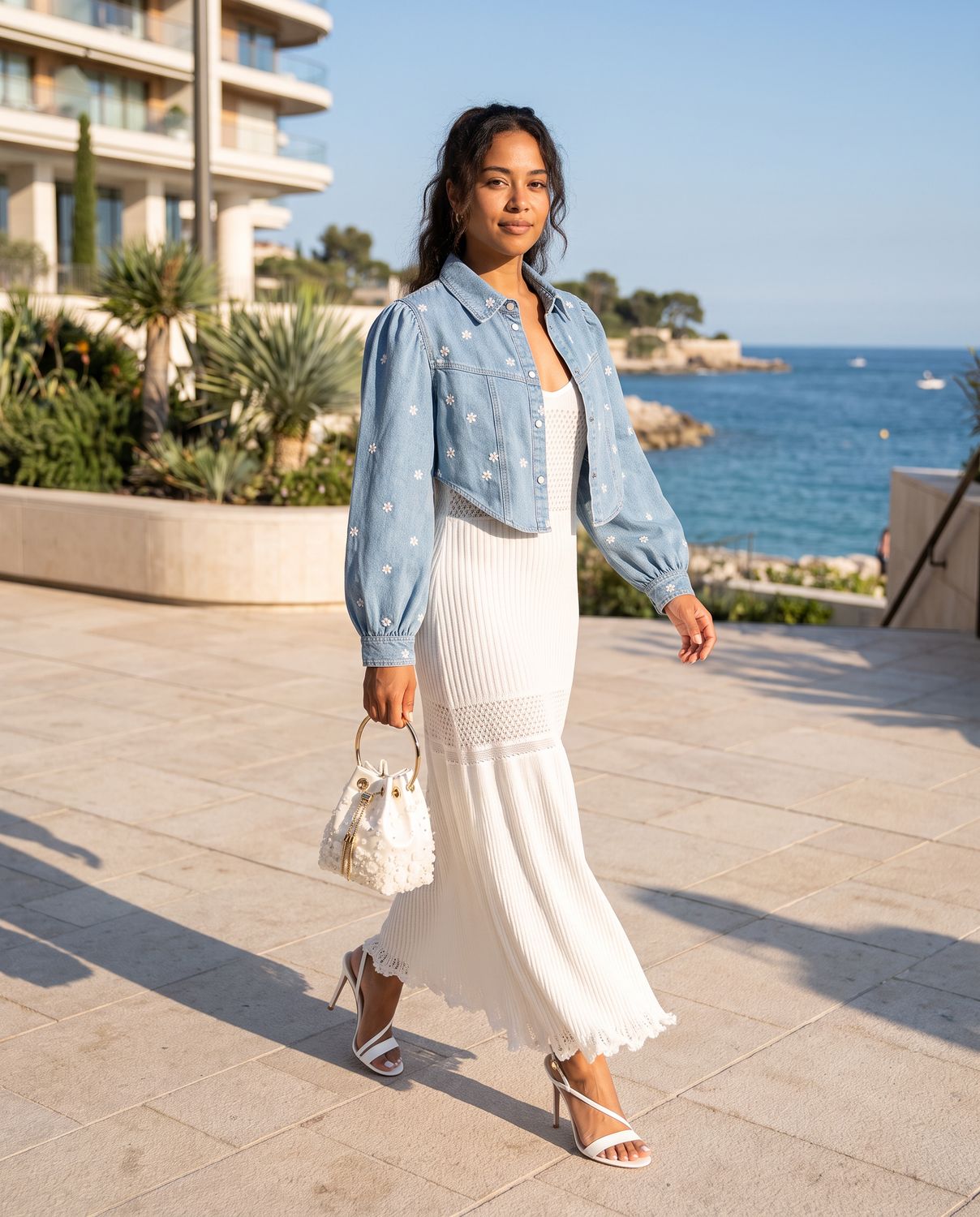 Veste chemise crop en denim léger brodé