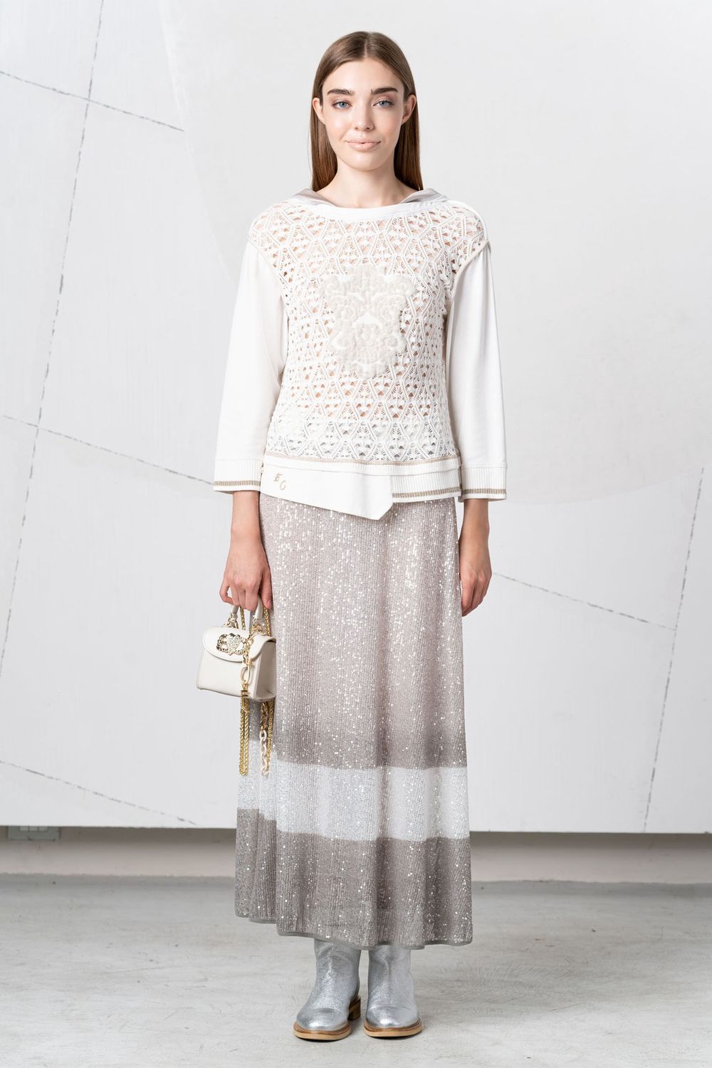 Elisa Cavaletti- Sweater crochet with hood gold stitching