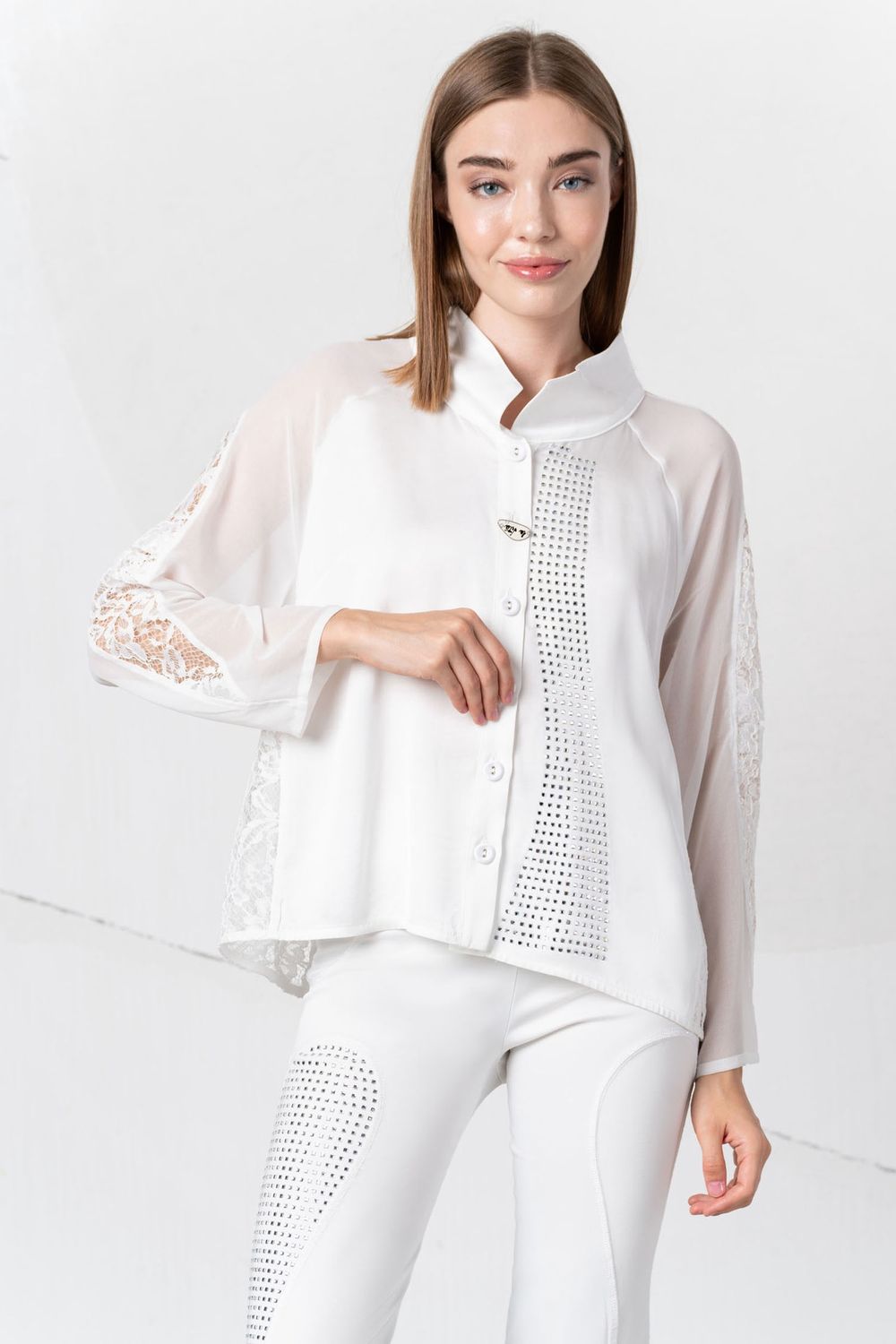 Elisa Cavaletti- Shirt chiffon strass lace sleeves