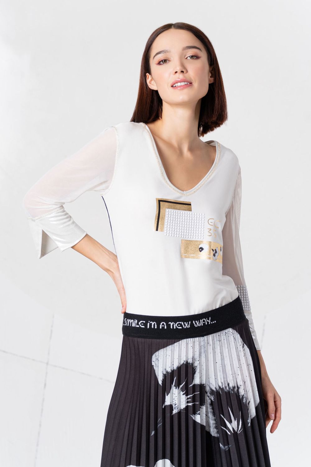 Elisa Cavaletti- Top V neck mesh long sleeves gold details