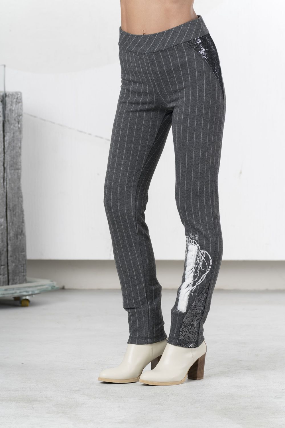 Elisa Cavaletti - Leggings stripe leather inserts unicorn Anthracite