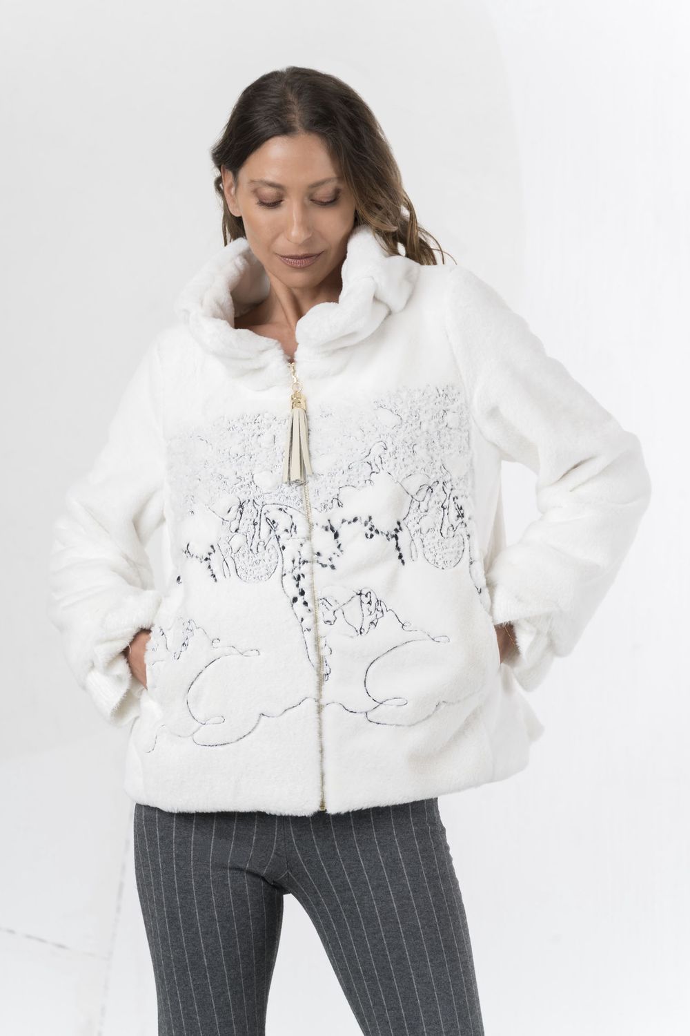 Elisa Cavaletti - Jacket fur tassle zip Off White