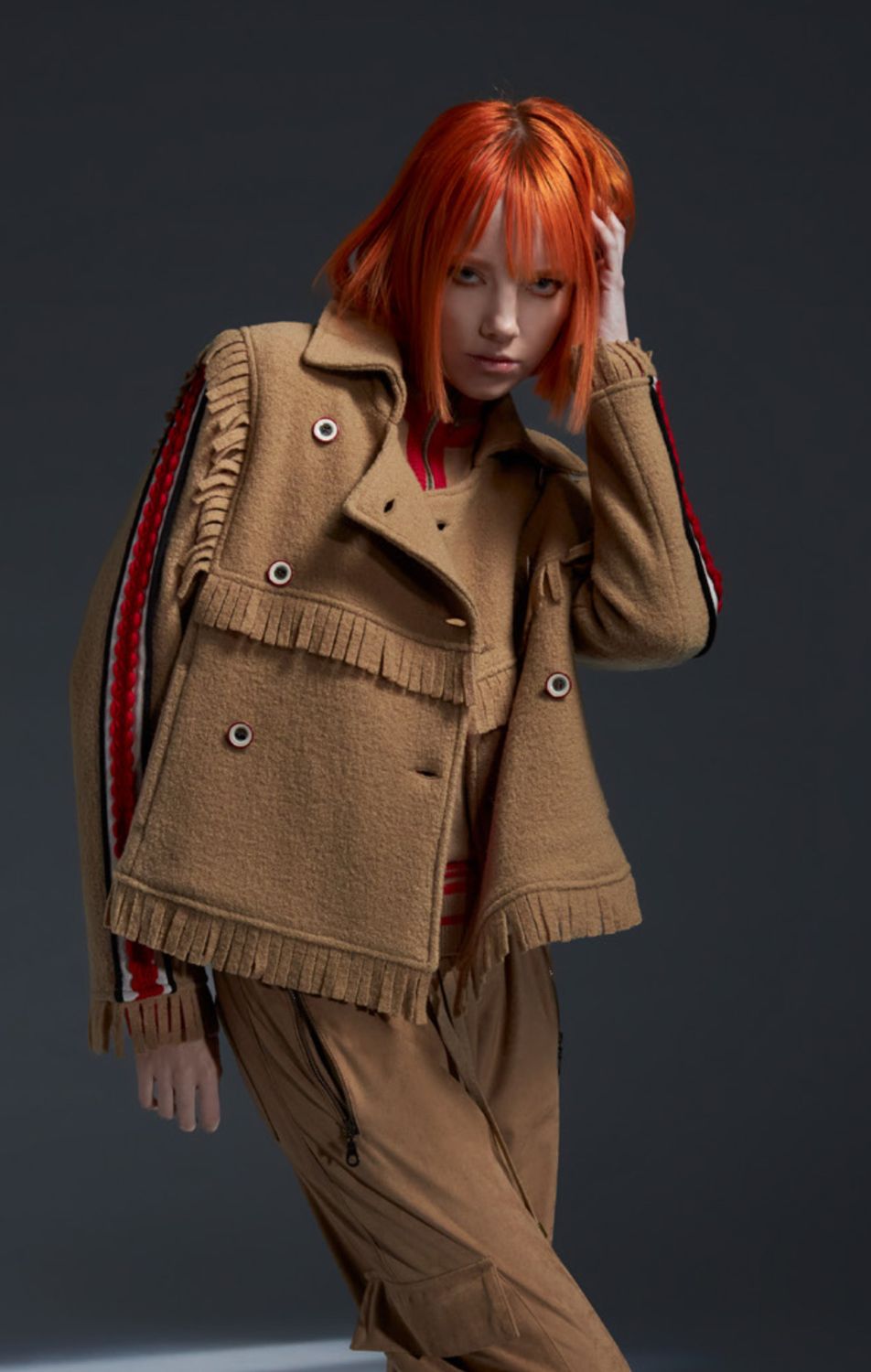 Tricot Chic - Jacket feutre Fringe Camel Red band