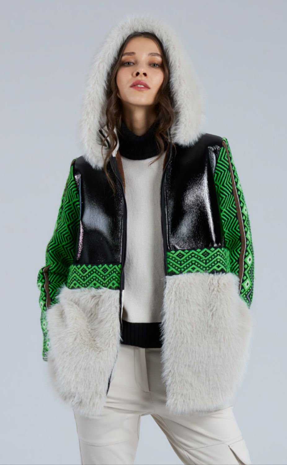 Trico Chic - Coat Jacquard fur leather Green