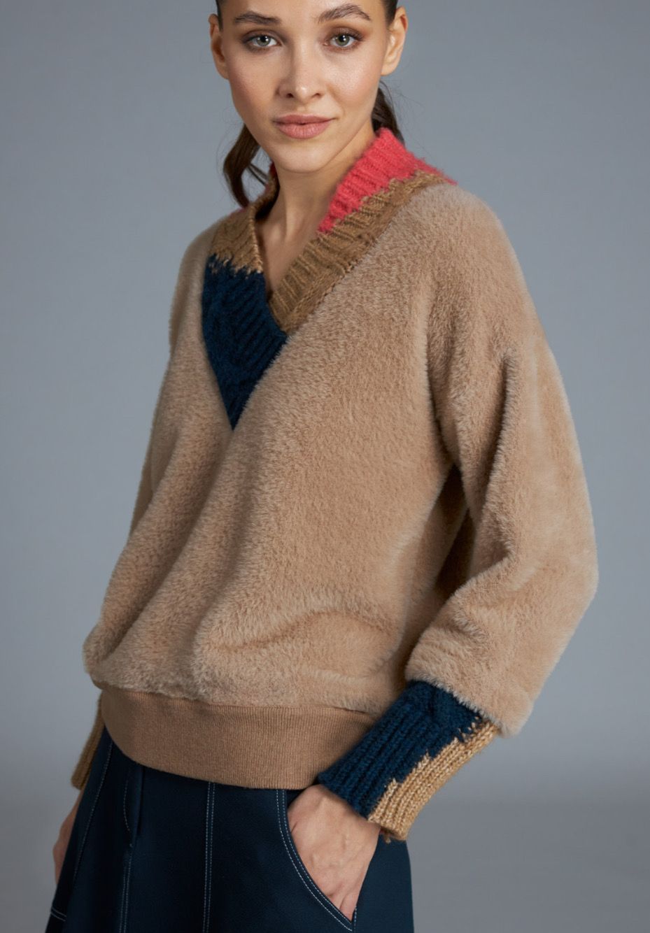 Tricot Chic - Pull soft velvet V Camel